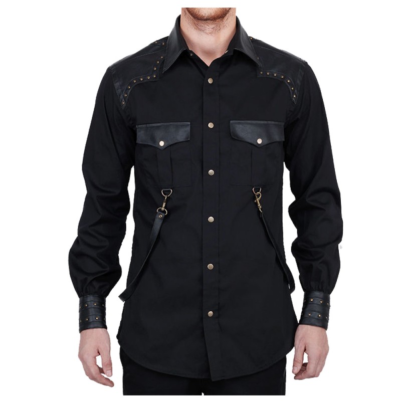 Men Gothic Vintage Shirt Goth Steampunk Shirt Black Goth Cotton Shirt